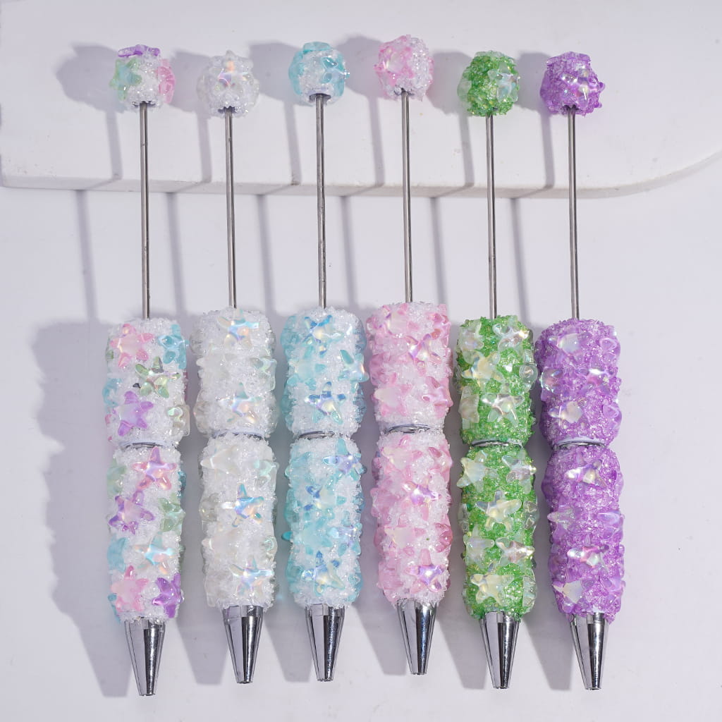 Handcrafted Beadable Sugar Clay Pens with Dazzling Starfish & Broken Rhinestones Covered the Entire Pens, Assorted Colors