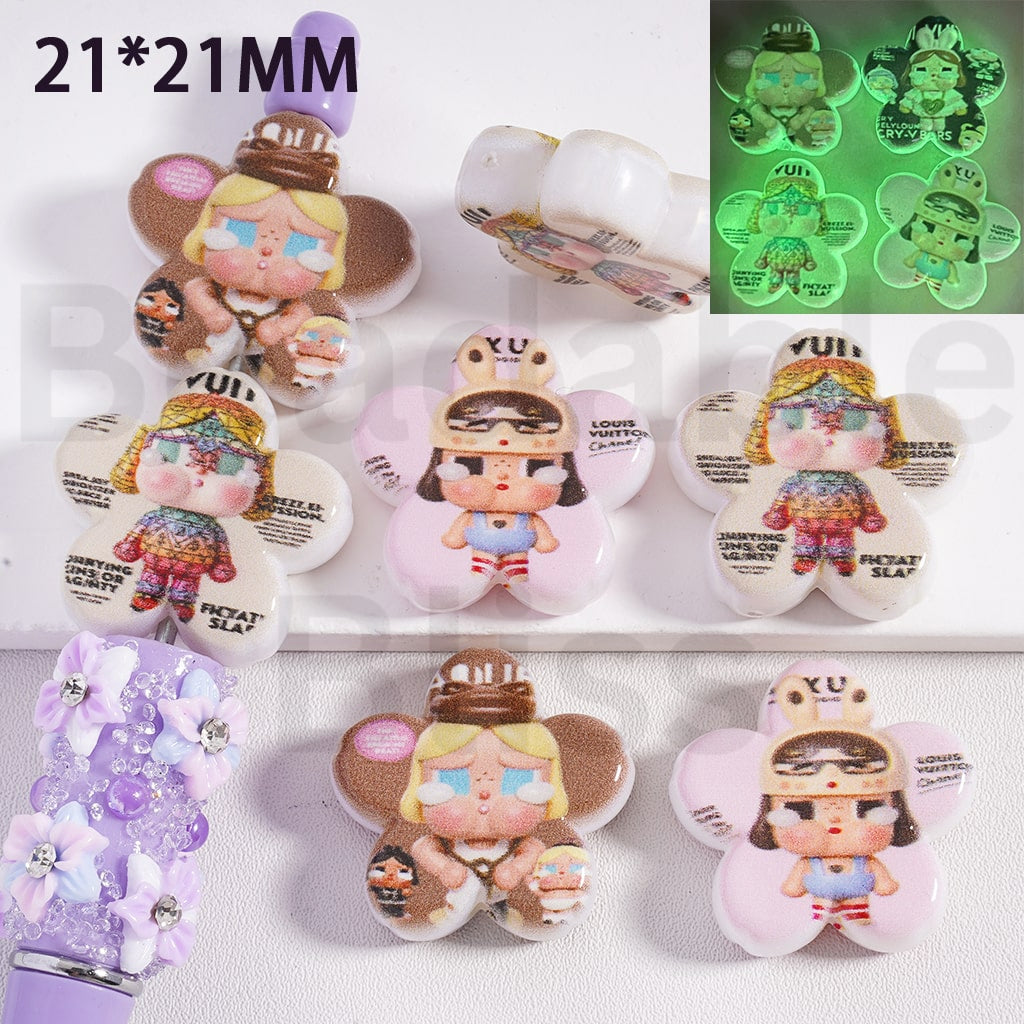 Acrylic Beads Luminous Plum Blossom Flower with Crybab Pop Mar, 21*21MM, Random Mix