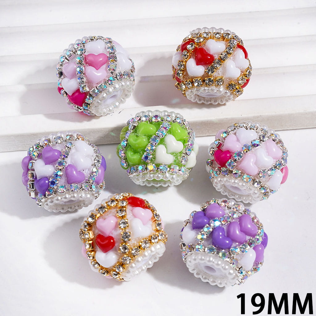 Handmade Acrylic Beads with Macaron Colors Heart Rhinestone, White Pearl Ball and Gold and Silver Chains, 19MM Random Mix