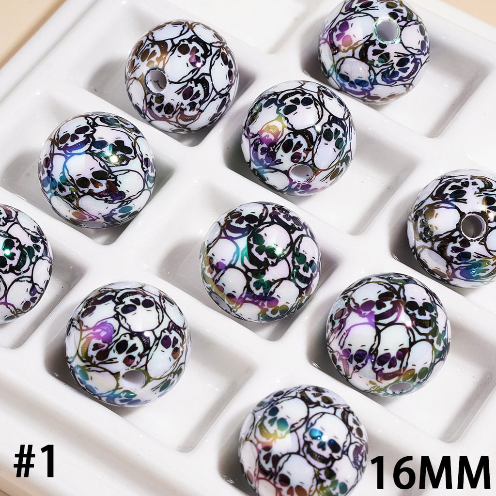 Halloween Horror Skull Head UV Coating Acrylic Beads for Bracelets, 16MM, Multi-Color