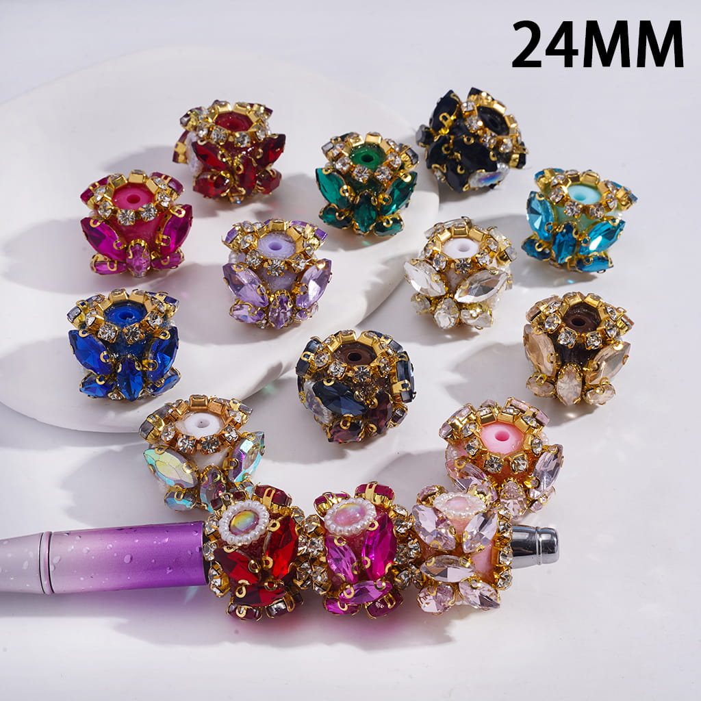Acrylic Beads w Marquise Cut Rhinestones & Clear Rhinestones w Gold Alloy Claw Setting, Half Shell Round Rhinestones White Pearl Chains, 24MM, Multi-Color