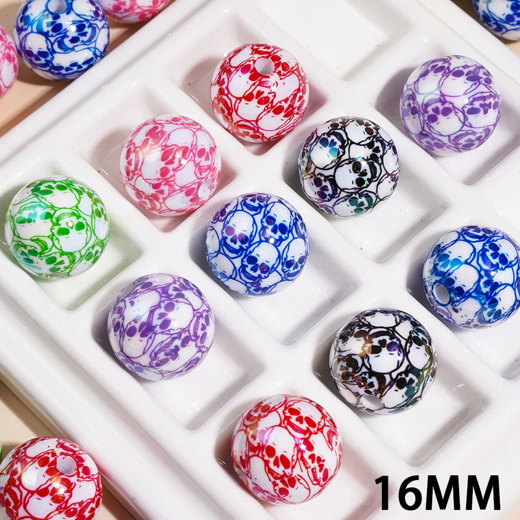 Halloween Horror Skull Head UV Coating Acrylic Beads for Bracelets, 16MM, Multi-Color