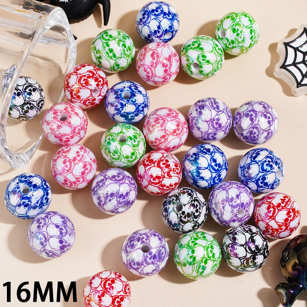 Halloween Horror Skull Head UV Coating Acrylic Beads for Bracelets, 16MM, Multi-Color