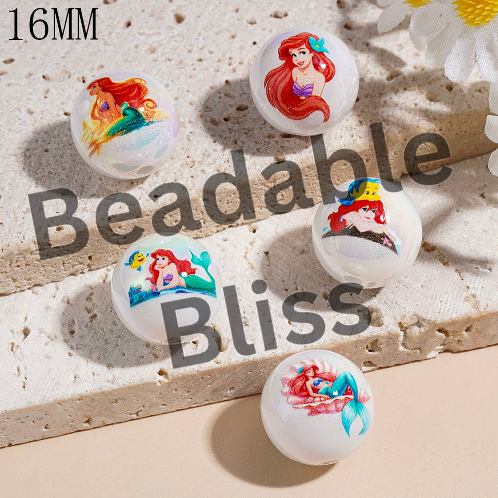UV-Coated Acrylic Beads for Bracelets Red-Haired Mermaid Princess Character Series, 16MM Random Mix