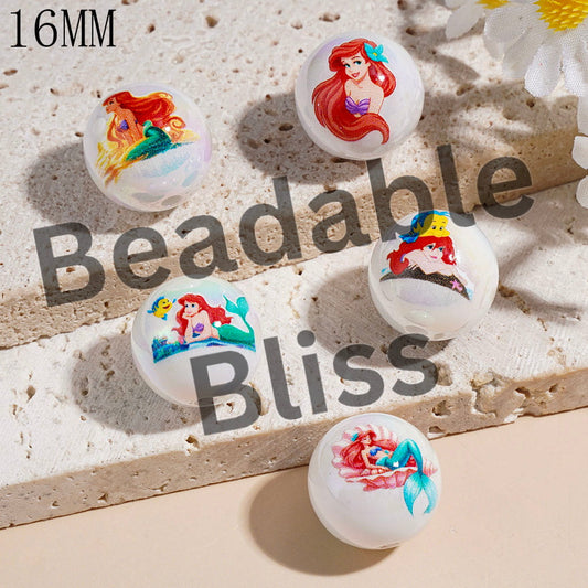 UV-Coated Acrylic Beads for Bracelets Red-Haired Mermaid Princess Character Series, 16MM Random Mix