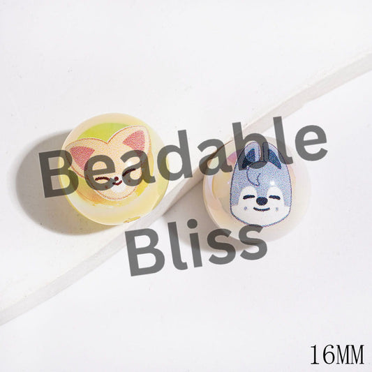 UV Finish Acrylic Beads for Bracelets Korea Boy Group Animal Image Character, 16MM, Jelly Colors, Random Mix