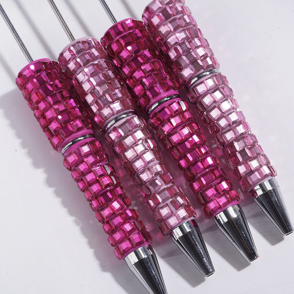 Beadable Pen with Square Rhinestone Covered the Entire Pen, Rose Pink and Light Pink
