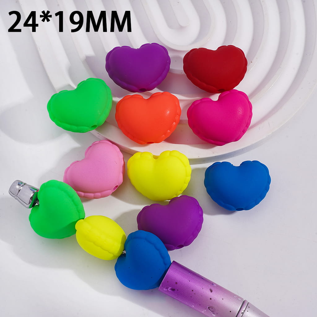 Acrylic Heart Beads with Wavy-Shaped Edge in Matte Rubber Touch, Neon Colors, 24*19MM,  Various Color