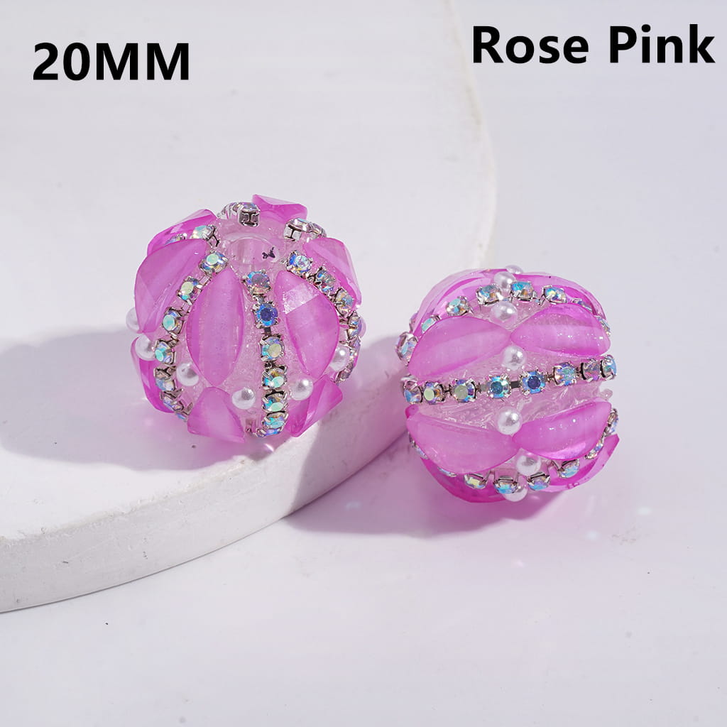 Acrylic Beads with Leaf Shaped and AB Rhinestone Chains, White Pearls, Fluorescence Color, 20MM (Please Read Description)