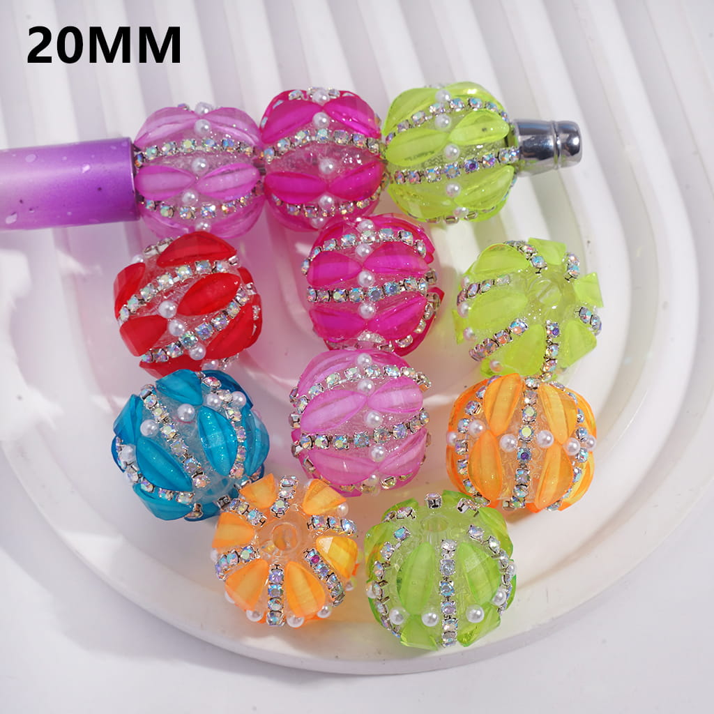 Acrylic Beads with Leaf Shaped and AB Rhinestone Chains, White Pearls, Fluorescence Color, 20MM (Please Read Description)