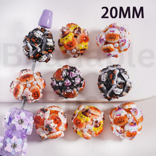 Clay Beads Halloween & Sanri Series White Pearls Ghost Face Pumpkin Pom Pom Puri My Melod Kurom Cinnamonrol Pochacc, 20MM, Random Mix