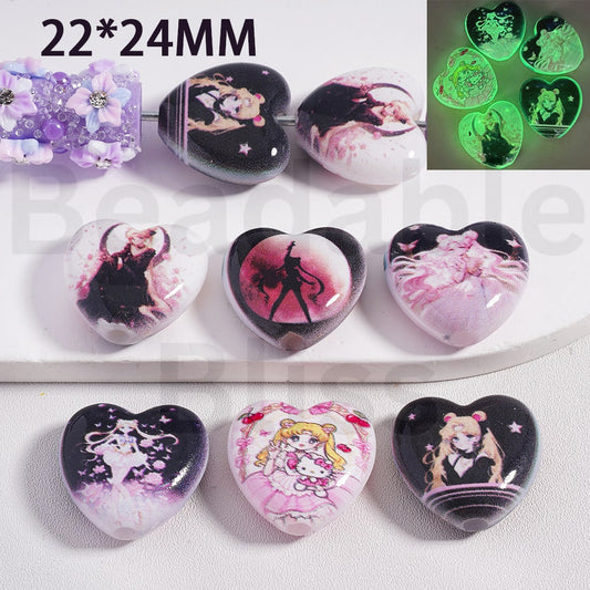 Acrylic Beads Luminous Hearts with Sailor Moo, 22*24MM, Random Mix
