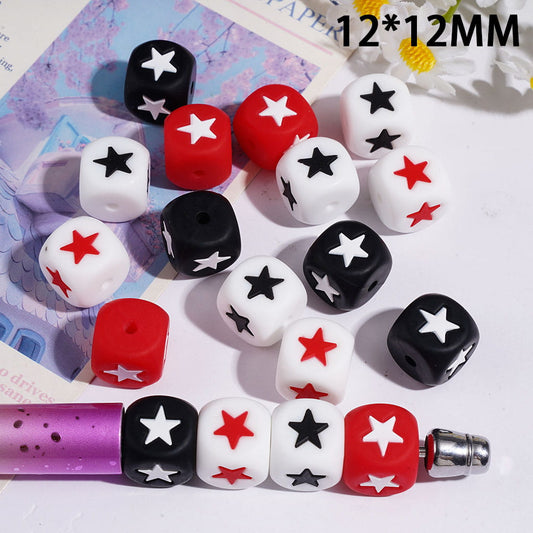 Silicone Focal Beads with Assorted Colors Five Pointed Star Prints, Cube Square Shape, 12*12MM, Random Mix