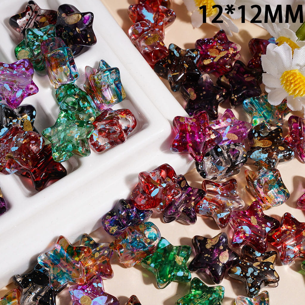 Acrylic Beads Mini Star with Splash-Ink Spots in Oil Painting Style, 12*12MM, Multi-Color, Random Mix (The Hole Diameter is Around 3.5MM)