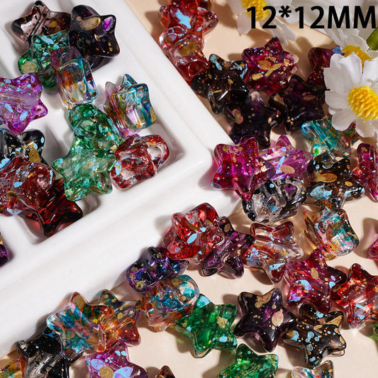 Acrylic Beads Mini Star with Splash-Ink Spots in Oil Painting Style, 12*12MM, Multi-Color, Random Mix (The Hole Diameter is Around 3.5MM)