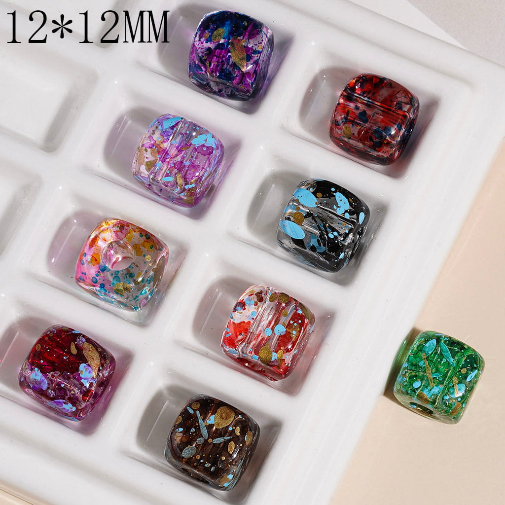 Oil Painting Style Ink-Splatter Printed Acrylic Beads, Rounded Cube Square, 12*12MM, Big Hole Beads, Random Mix (The Hole Diameter is Around 5MM)