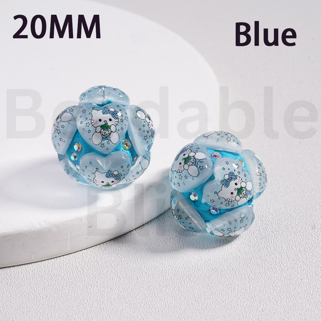 Clay Beads Cute Hearts with Sanri Cartoon Hello Kitt AB Rhinestones, 20MM