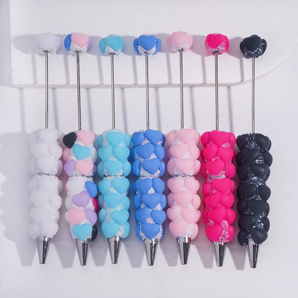 Handmade Beadable Sugar Clay Pens w Matte Hearts & Tiny Broken Rhinestones Covered the Entire Pens, Multi-Color