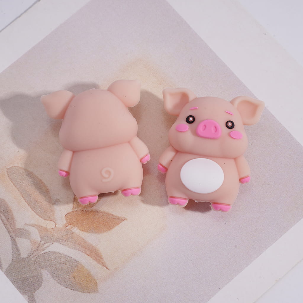 Silicone Focal Beads 3D Cute Pig with Pink Blush, Various Colors