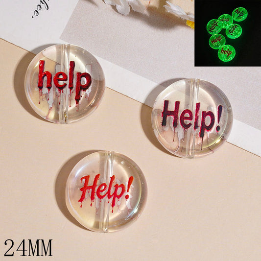 Acrylic Beads Luminous with Red Text "Help" Pattern, Clear, Flat Round Shape, 24MM Random Mix
