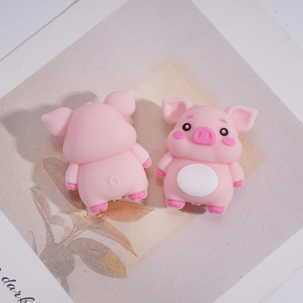 Silicone Focal Beads 3D Cute Pig with Pink Blush, Various Colors