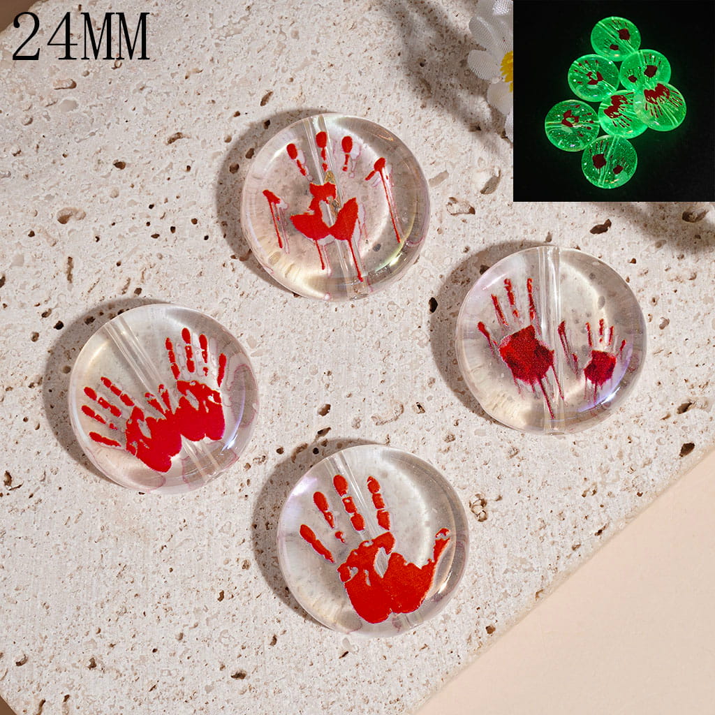 Acrylic Beads Luminous with Red Hand Prints, Transparent, Flat Round Shape, 24MM Random Mix