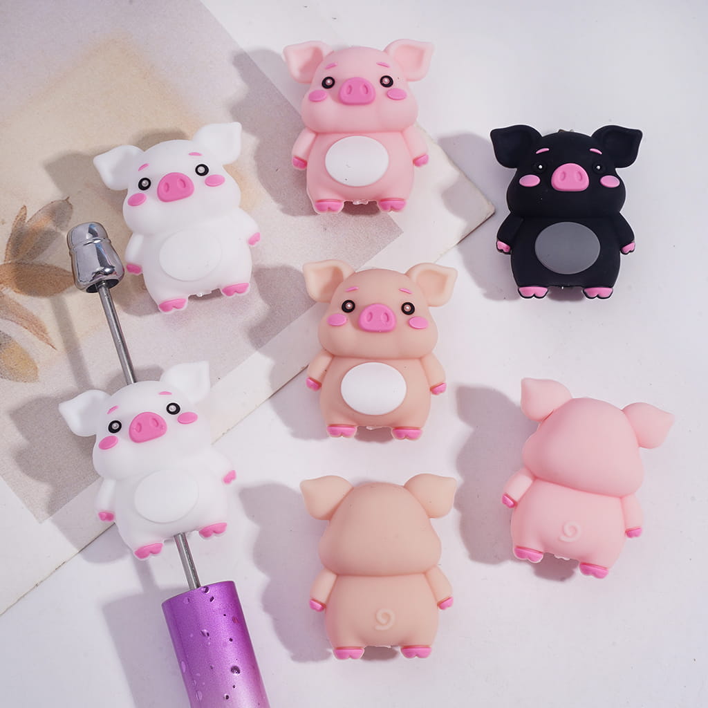 Silicone Focal Beads 3D Cute Pig with Pink Blush, Various Colors