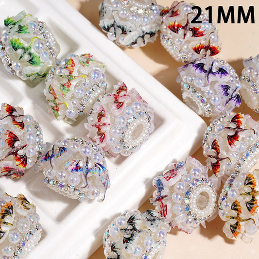 Handmade Acrylic Beads with Flying Dragon & UV Coated Half-Shell Pearl, AB Rhinestone & White Pearl Chains, 21MM Multi-Color Random Mix