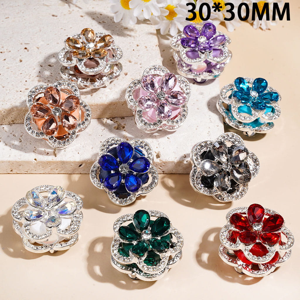 Clay Beads with Silver Metal Five-Petaled Flower and Teardrop Crystal, Mini Clear Rhinestones, 30*30MM, Random Mix Multi-Color
