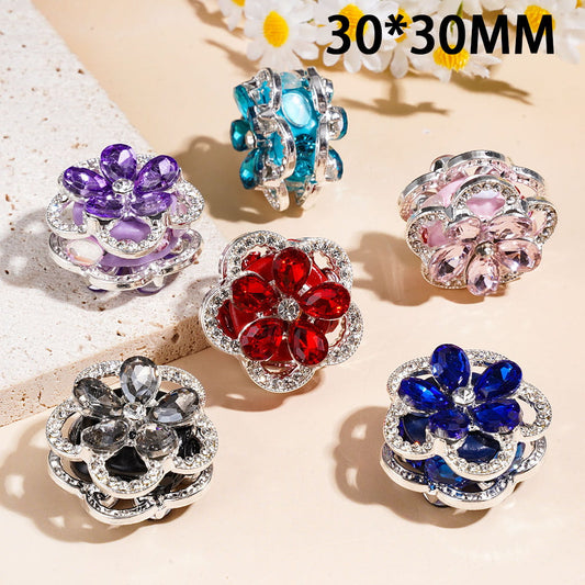 Clay Beads with Silver Metal Five-Petaled Flower and Teardrop Crystal, Mini Clear Rhinestones, 30*30MM, Random Mix Multi-Color