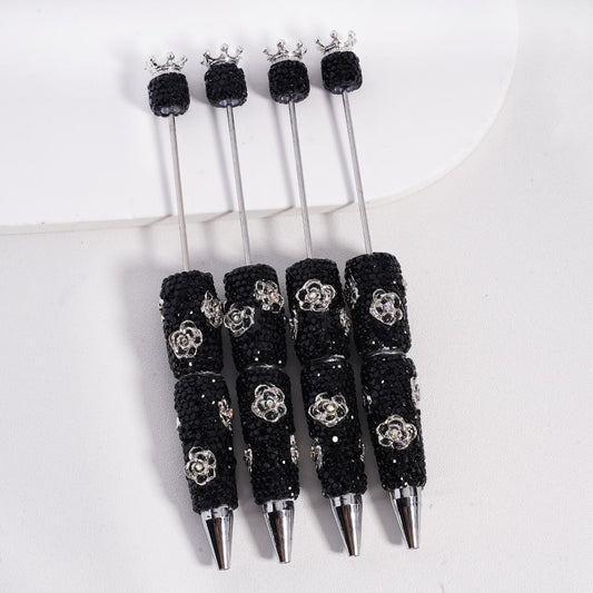 Beadable Clay Pen with Black & AB Rhinestones Fancy Silver Alloy Crown Flower