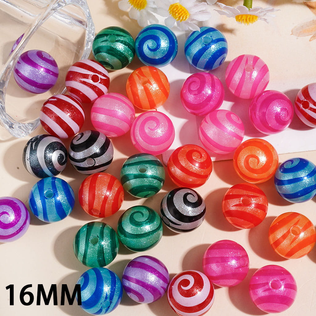 Acrylic Beads for Bracelets with Lollipop Swirl Stripes and Glitter, 16MM, Multi-Color, Random Mix