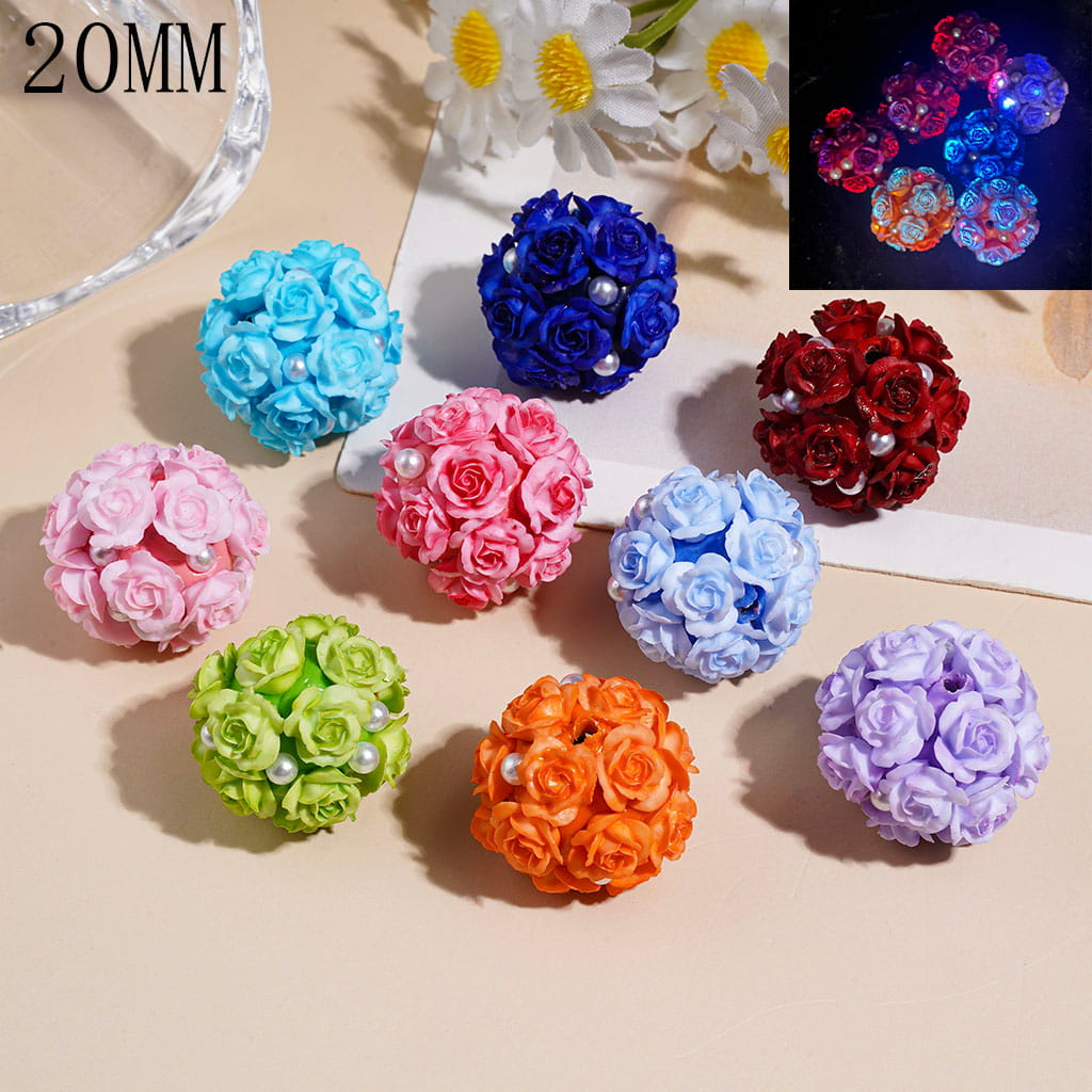 Clay Beads with Luminous Rose Flower and White Pearls, 20MM Multi-Color Random Mix