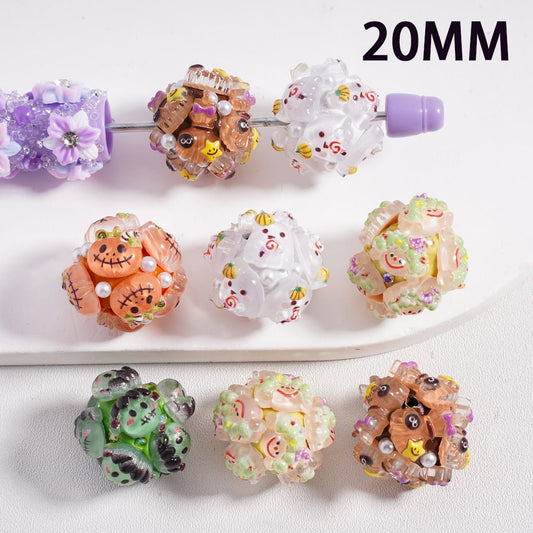 Clay Beads Halloween Series White Pearls AB Rhinestones Ghost Face Pumpkin Cute Clown Ghost Little Monsters, 20MM, Random Mix