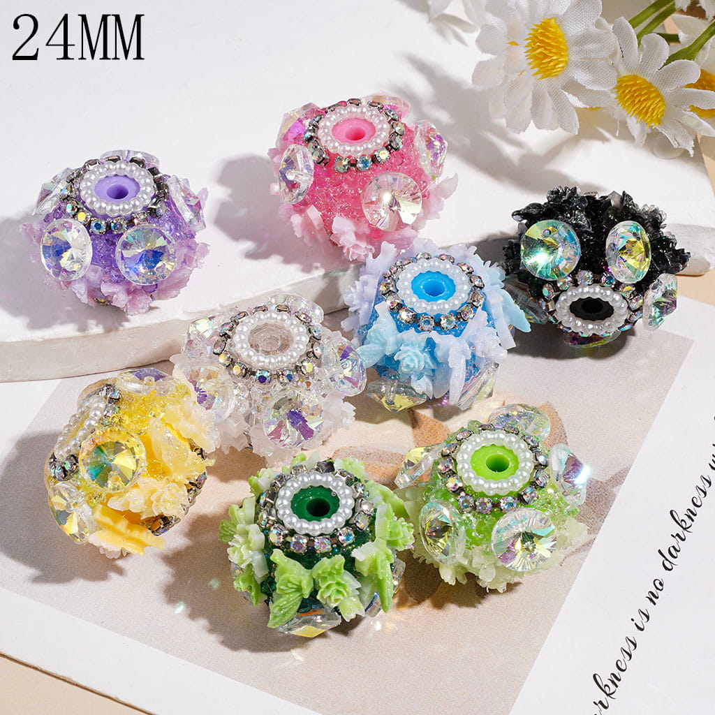 Handmade Sugar Beads Butterfly w Gold Glitter & Rose Flower, Big Cone Shaped Clear AB Rhinestones White Pearl Chains, 24MM Multi-Color Random Mix