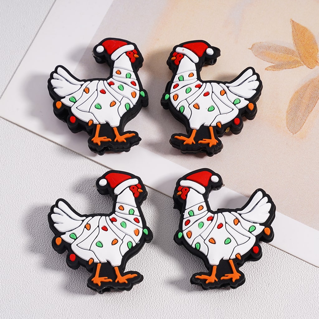 Silicone Focal Beads Cute Rooster with Christmas Hat Colorful Lights