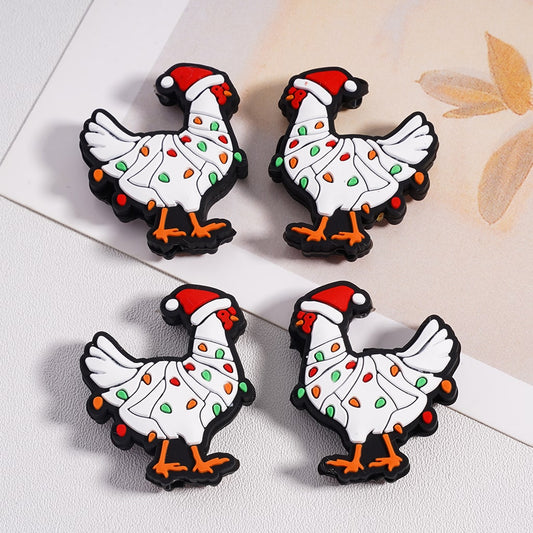 Silicone Focal Beads Cute Rooster with Christmas Hat Colorful Lights