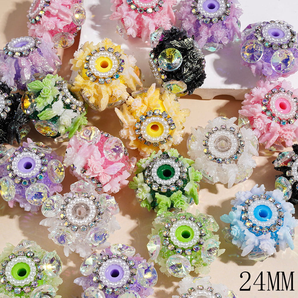 Handmade Sugar Beads Butterfly w Gold Glitter & Rose Flower, Big Cone Shaped Clear AB Rhinestones White Pearl Chains, 24MM Multi-Color Random Mix