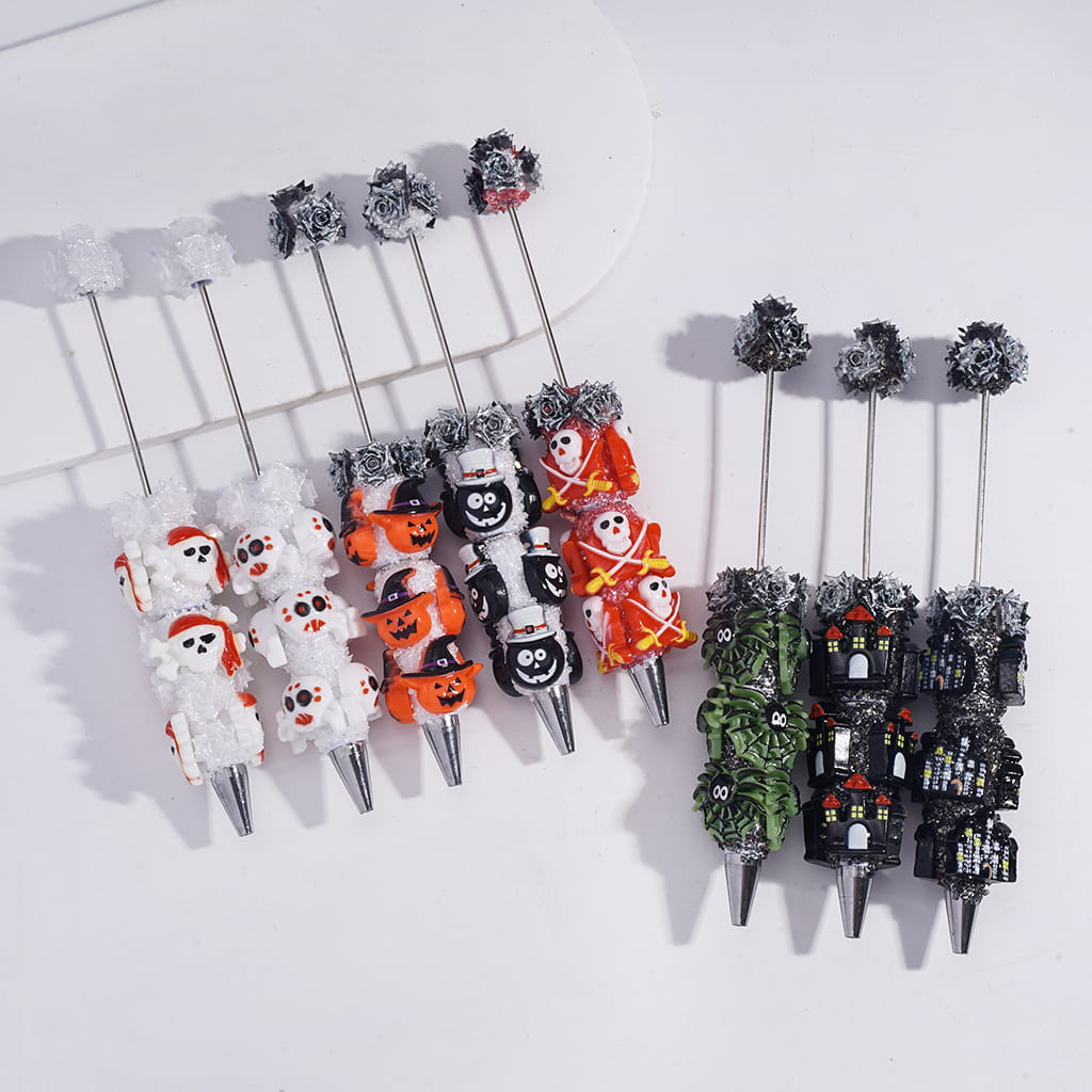 Beadable Sugar Clay Pens with Broken Rhinestones and Glittery Rose Flowers Covered the Entire Pens, Halloween Theme