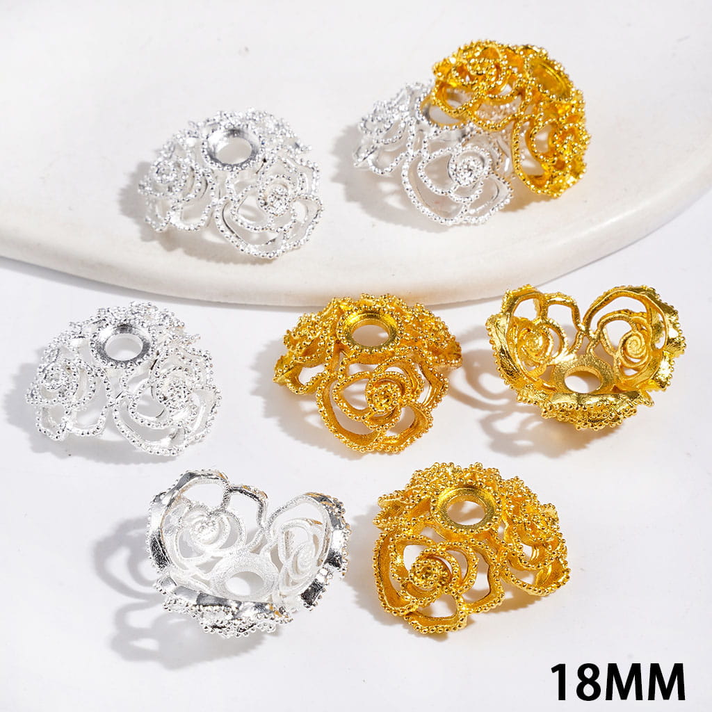 Metal Bead Cages with Three Camellia Flowers, Bead Cap, 18MM, Gold and Silver (They Fit 16MM Beads)