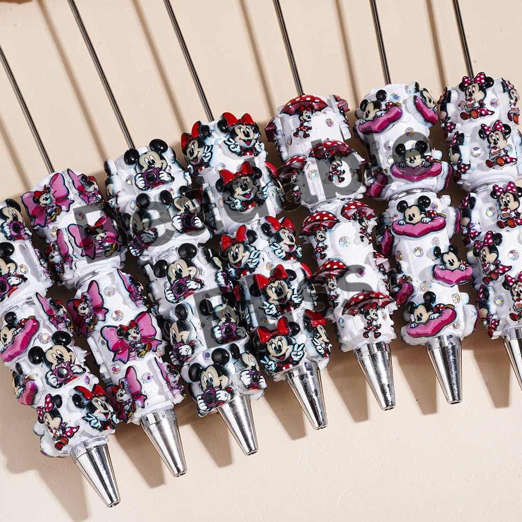 Beadable Clay Pens with Girl and Boy Mouse Character Series and AB Rhinestone, Random Mix