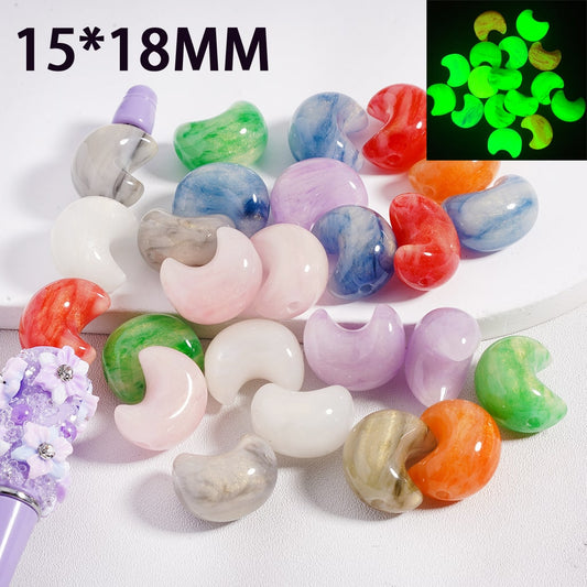 Acrylic Beads Luminous Glitter Marble Stripes Crescent Moon, Multi-Color, 15*18MM, Random Mix