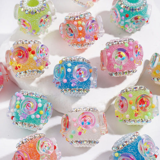 Handmade Acrylic Beads w Tiny Bubble Balls & Transparent Rainbow & Lollipop Colored Small Beads, AB Rhinestone & White Pearl Ball Chains, 20MM Multi-Color