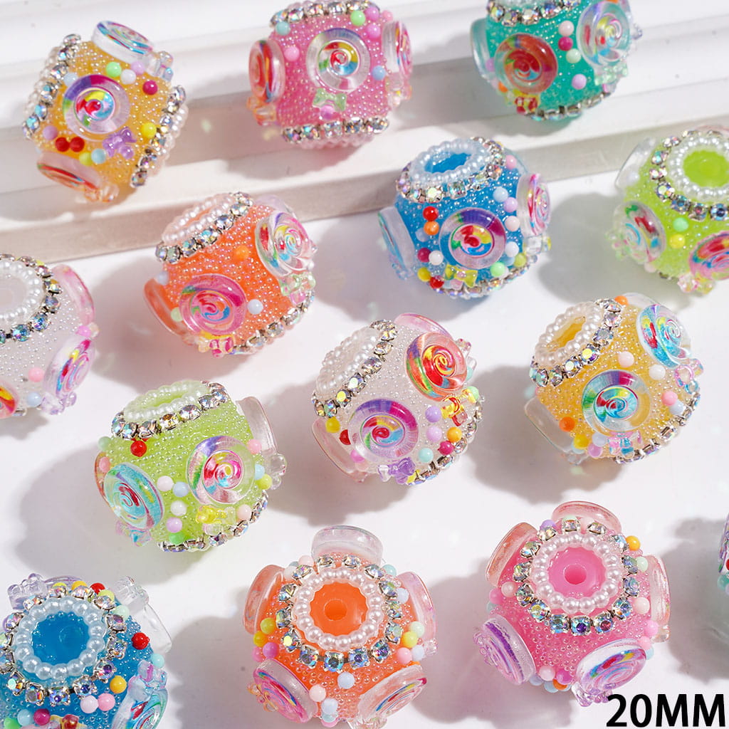 Handmade Acrylic Beads w Tiny Bubble Balls & Transparent Rainbow Lollipop Colored Small Beads, AB Rhinestone & White Pearl Ball Chains, 20MM Multi-Color
