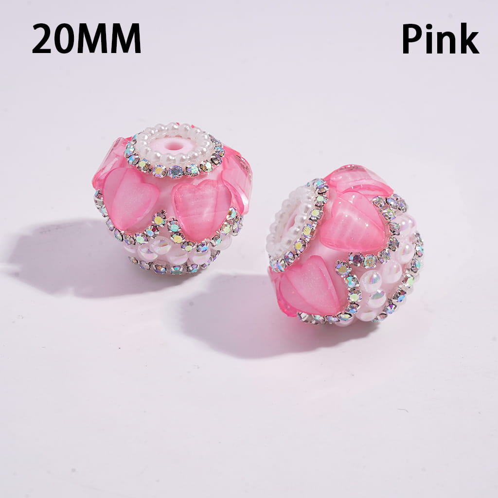 Handcrafted Acrylic Beads with Hearts and AB Rhinestone Chains, White Pearls, Neon Color, 20MM