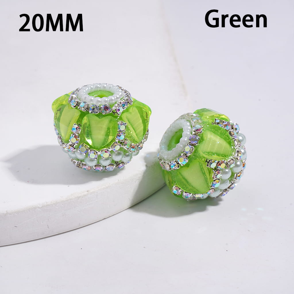 Handcrafted Acrylic Beads with Hearts and AB Rhinestone Chains, White Pearls, Neon Color, 20MM