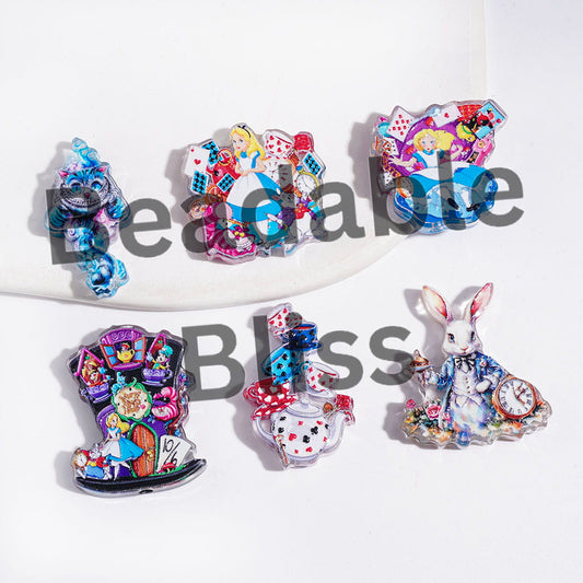 Semi-Clear Girl into Rabbit Hole Fantasy World Printed Series Acrylic Beads, Random Mix