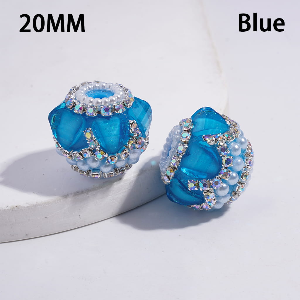 Handcrafted Acrylic Beads with Hearts and AB Rhinestone Chains, White Pearls, Neon Color, 20MM