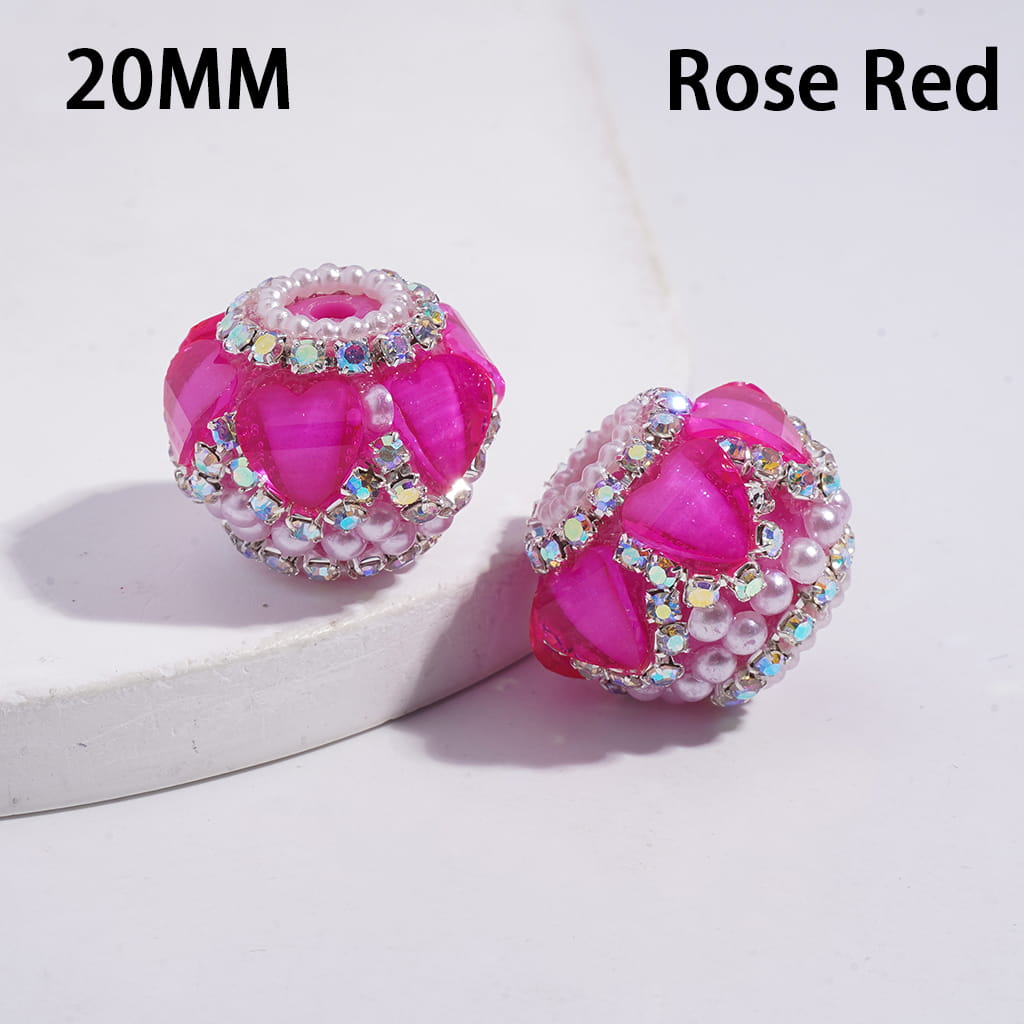 Handcrafted Acrylic Beads with Hearts and AB Rhinestone Chains, White Pearls, Neon Color, 20MM