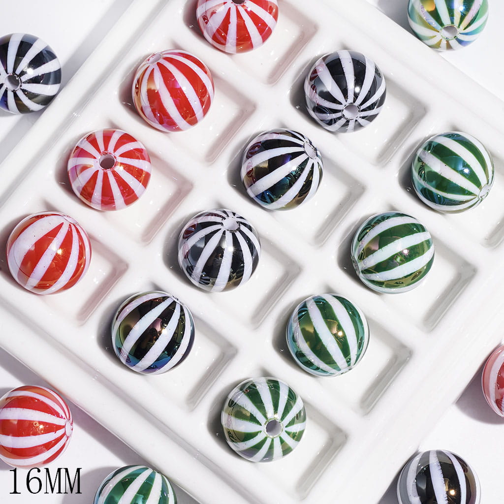 UV Finish Round Beads with Watermelon Stripes, Acrylic Beads for DIY Christmas Bracelets, 16MM, Multi-Color